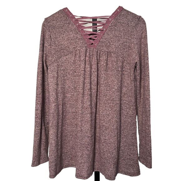 Orange Creek Sweater Long Sleeves Heather Purple Lace‎ Up Front Back Neck Large - Picture 2 of 4